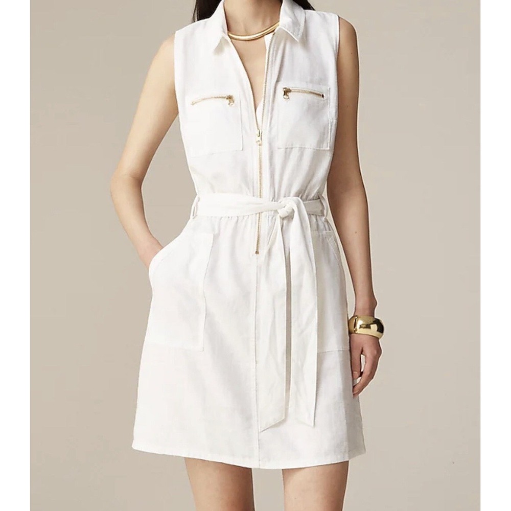 J Crew Zip Front Linen Blend Mini Dress Sz 12 White Utility Quiet Luxury Coastal